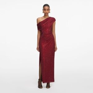 Self Portrait Burgundy Rhinestone Drape Midi Dress